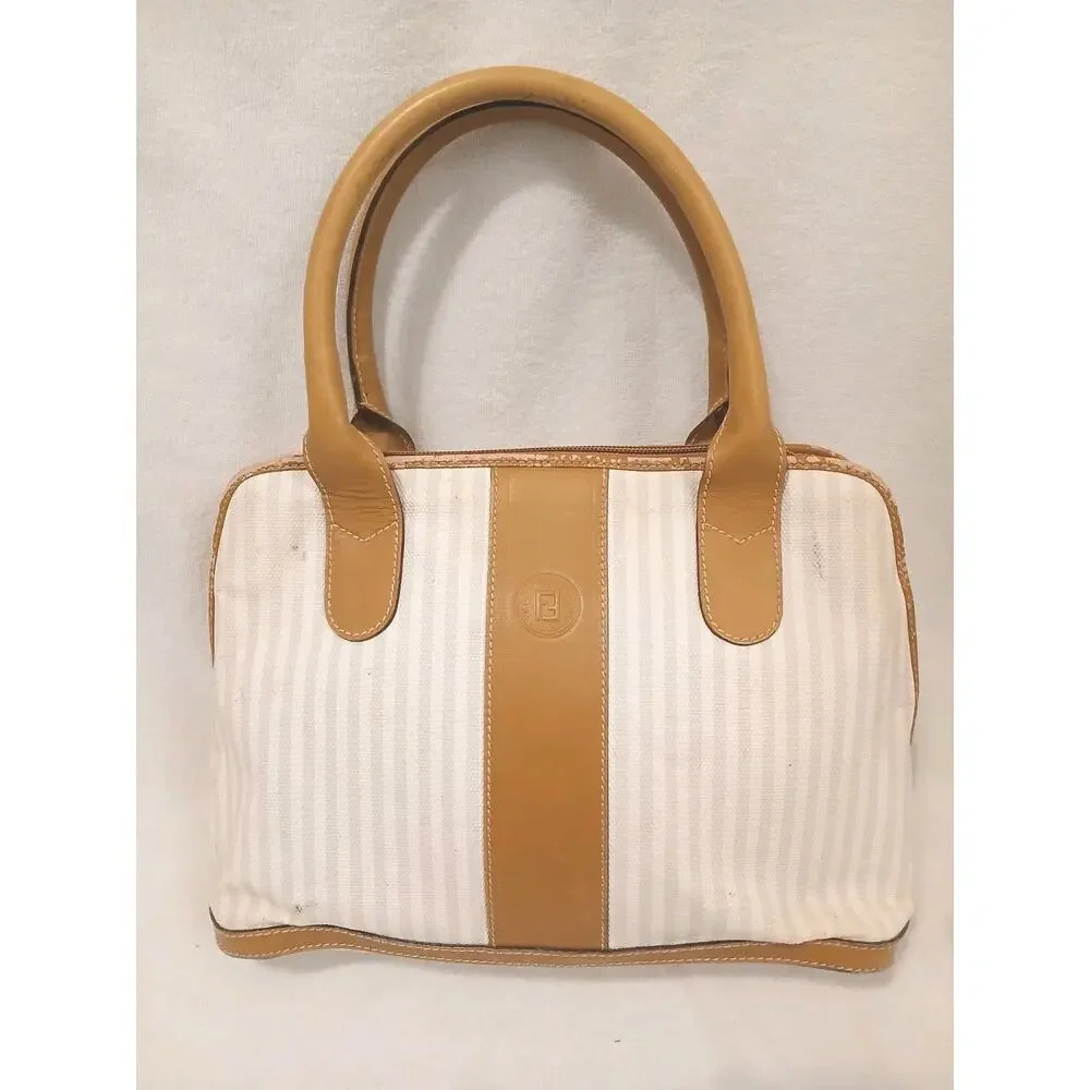 Fendi Pequin Striped White Satchel Handbag Purse Vintage Authentic Clean Classic